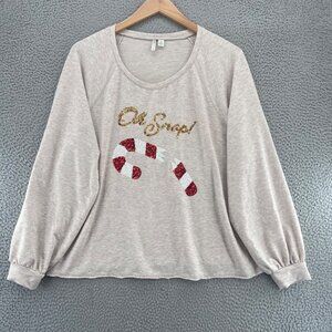 Cato Shirt Women Extra Large Beige Candy Cane Sequin Raglan Christmas Sweatshirt